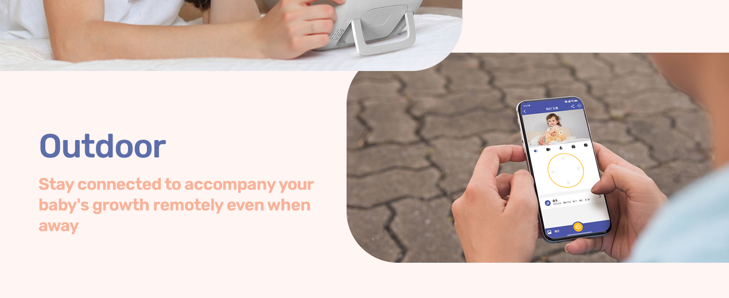 Text reads: 'Outdoor: Stay connected to spontaneously spot baby's growth moments even when outside'. Two panels showing mobile phone usage.