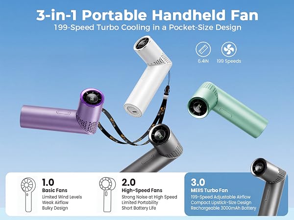 portable handheld fan with strong airflow and adjustable speed for travel commuting outdoor cooling