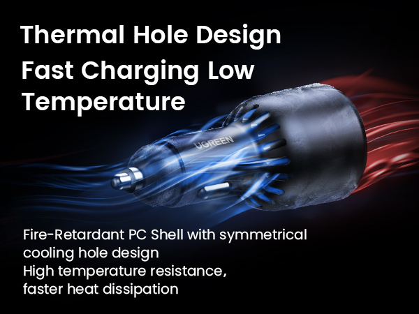 Thermal-hole charger for fast, cool charging with fire-retardant shell