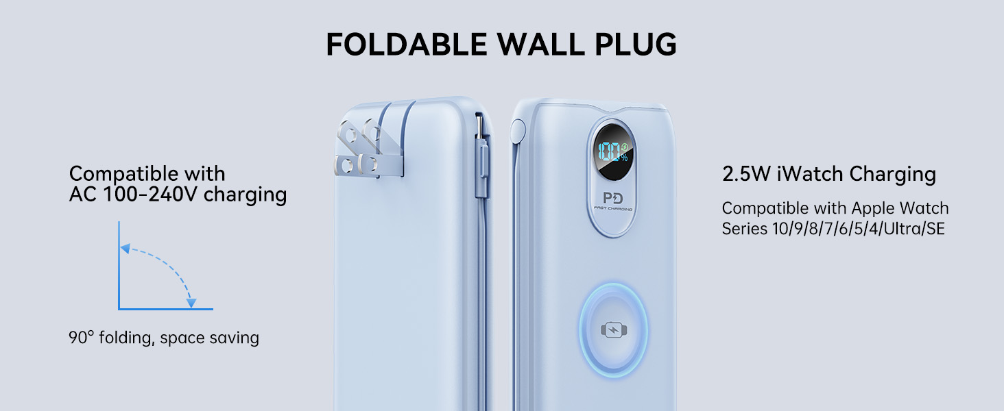 Plug-in portable charger, compact design fits in any US outlet.