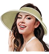 Women’s Sun Visor Hat, Wide Brim Straw Visor Ponytail Summer Beach Roll-Up Hat
