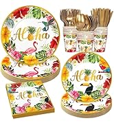 Golden Hawaiian Aloha Party Tableware Supplies, 168PCS Luau Paper Plates Napkins Cups and Cutlery...