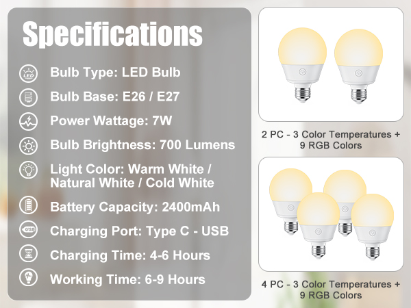 E26 Rechargeable Light Bulb with Remote