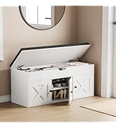 Homleke Shoe Storage Bench with Lift Top &amp; 3 Barn Doors, Entryway Bench with Removable Cushion, A...