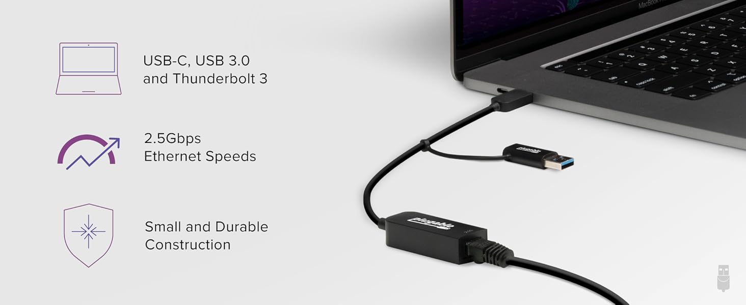 2.5Gbps USB-C Ethernet Adapter with USB 3.0, Thunderbolt 3 in a compact design