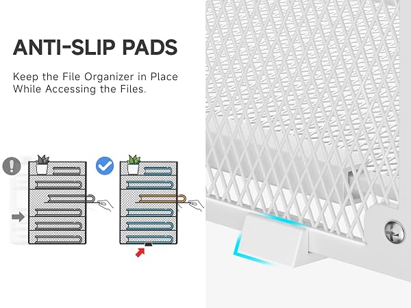 Each white folder organizer is equipped with anti-slip pads to prevent movement.