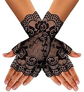 Black Lace Fingerless Gloves for Women, Gothic Short Wrist Covers for Sunblock, 1920s Tea Party L...