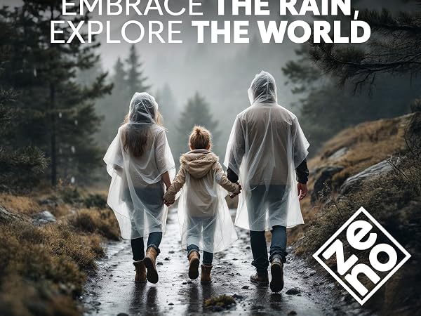 Three people in clear rain ponchos walking on a wet path through a misty forest. Text reads 'EMBRACE THE RAIN, EXPLORE THE WORLD'. Logo in corner.