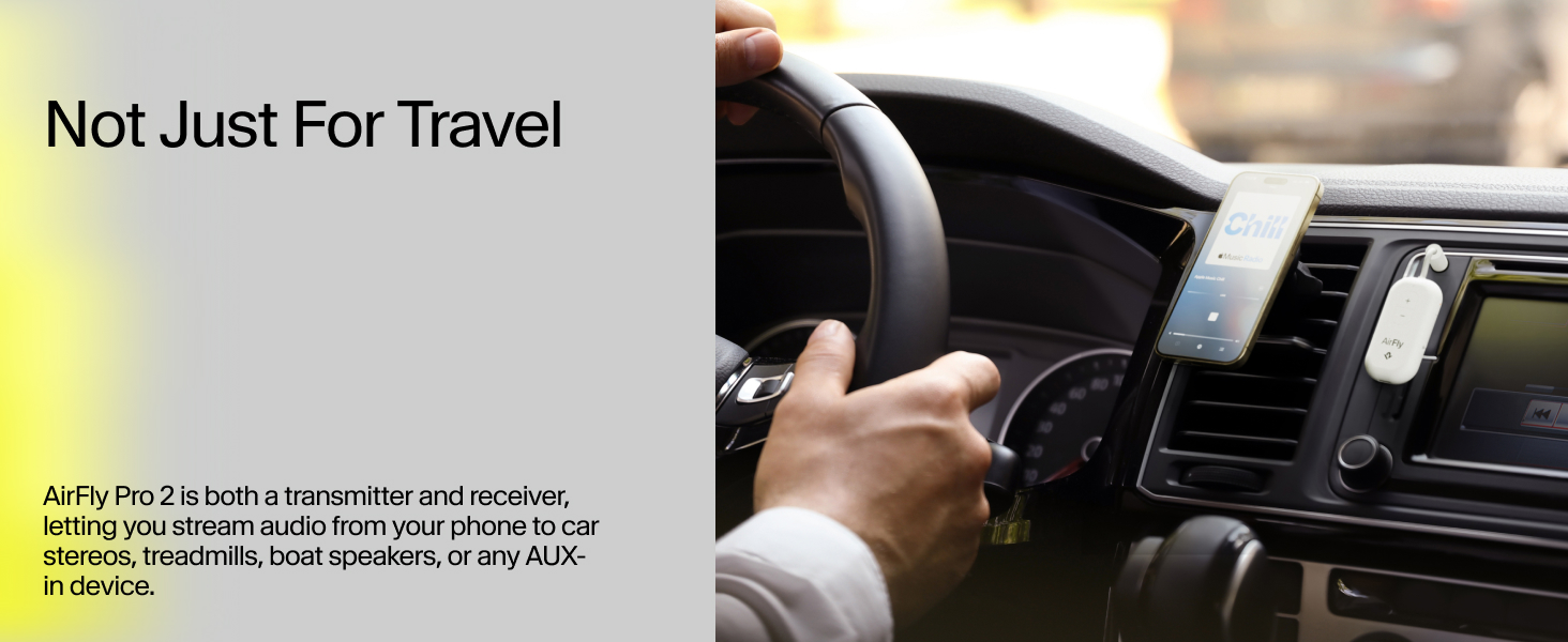 Driver uses AirFly Pro 2 in car bluetooth to stream music wirelessly from phone to stereo via AUX.