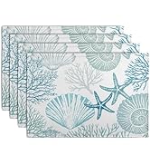Nautical Coastal Blue Placemats Set of 4 Summer Teal Turquoise Beach Theme Linen Table Mats Ocean...