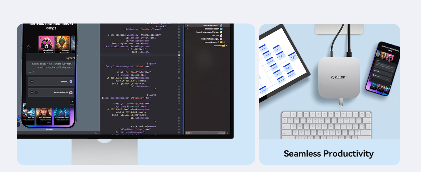 Split screen showing programming code interface on left and productivity setup with keyboard, mobile device, and wireless accessory on right.