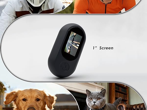 Collection of product photos showing a computer mouse in various angles and usage scenarios, including shots with pets visible in the background.