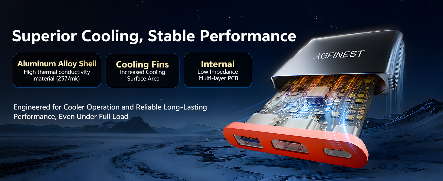 Text reads 'Superior Cooling, Stable Performance' with features 'Aluminum Alloy Shell', 'Cooling Fans', 'Internal Intelligent Temperature Control'. Orange and blue gaming laptop cooler product displayed with ice background.