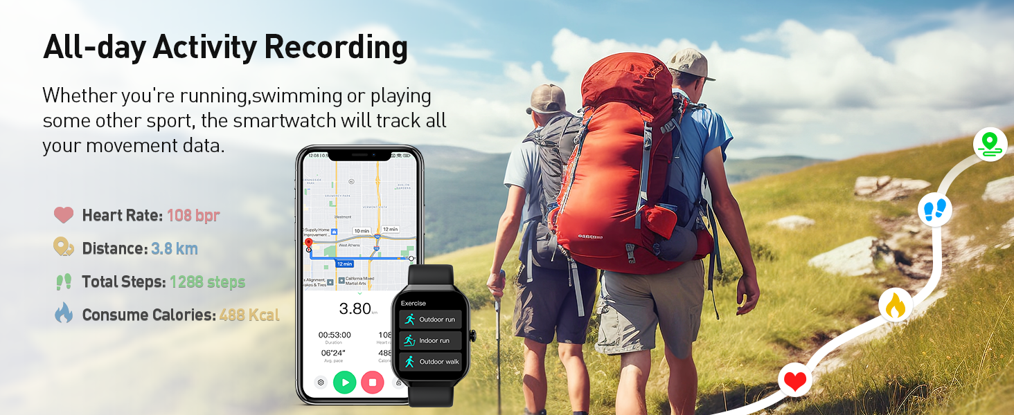 Smartwatch activity tracking interface showing fitness metrics, map route, and heart rate data, with hikers on mountain trail in background.