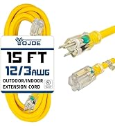 YOJOE Indoor Outdoor Extension Cord with Lighted End, 12 Gauge Heavy Duty 15 ft Yellow 3 Prong 15...