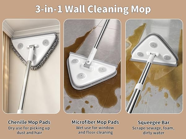 Chenille Pads - Dry use, Microfiber Pads - Wet use, Squeegee Bar - Scrape off water