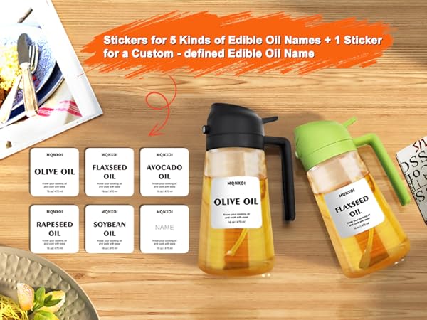 Oil Sprayer for Cooking, 2 in 1 Olive Oil Dispenser Bottle for Kitchen, Cooking oil stickers