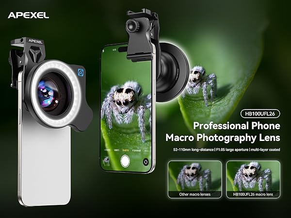 HB100UFL26 Professional Macro Lens for Smartphone with Ring Light