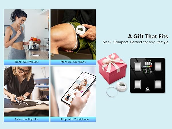 Weight scale with body fat and muscle tracking, plus tape measure for daily fitness tracking.