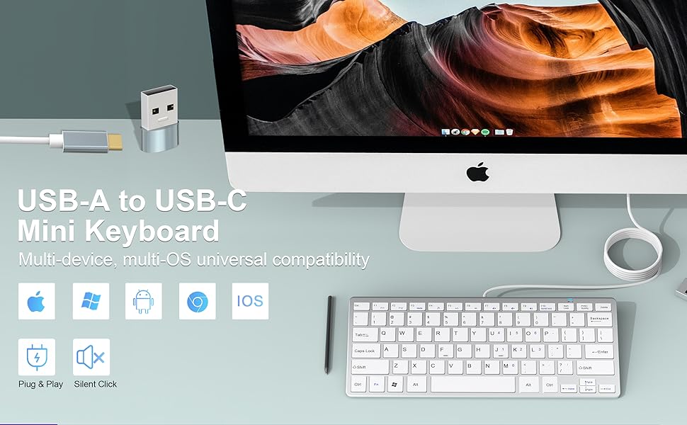 USB-A to USB-C Mini Keyboard Multi-device, multi-OS universal compatibility