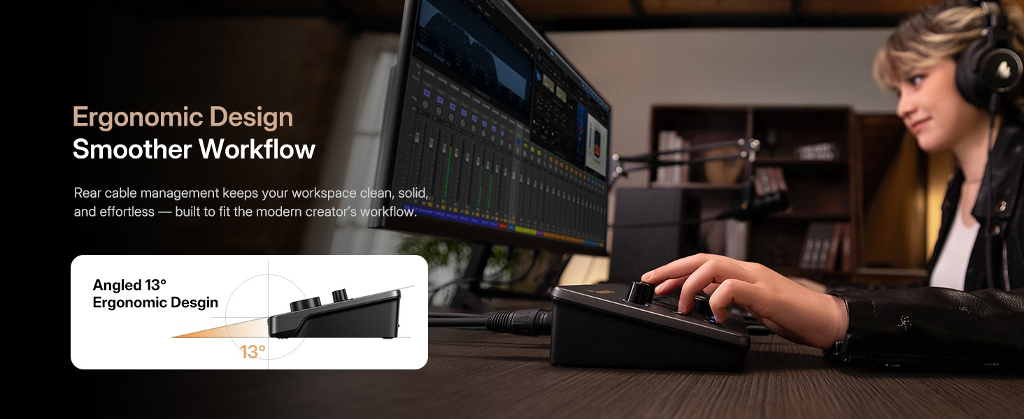Content creator adjusting Maono P2 audio interface ergonomic 13 degree angled metal panel knob