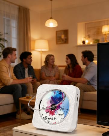 Group setting in warmly lit room with hanging lamps, showing device or screen display in foreground with colorful abstract design.