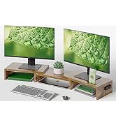 BONTEC Dual Monitor Stand Riser with Smartphone Holder, Adjustable Length &amp; Swivel Angle Wooden D...