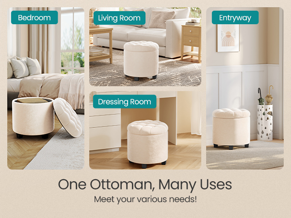 Text reads: 'One Ottoman, Many Uses', 'Bedroom', 'Living Room', 'Dressing Room', 'Entryway'. Marketing image showing beige cylindrical ottoman in different room settings demonstrating versatile usage.