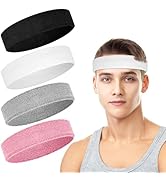 4 Pack Headbands for Men, Sweat Bands Headbands Men &amp; Women, Cotton Terry Sweat Bands for Tennis,...
