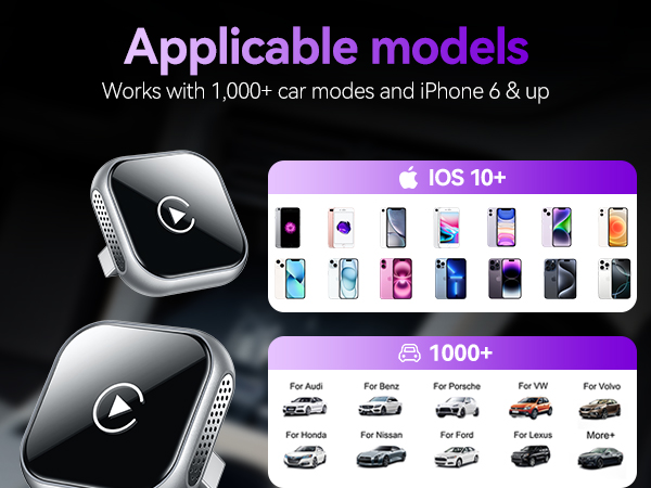 Wireless CarPlay adapter compatible with iPhone iOS 10 and cars with factory wired CarPlay