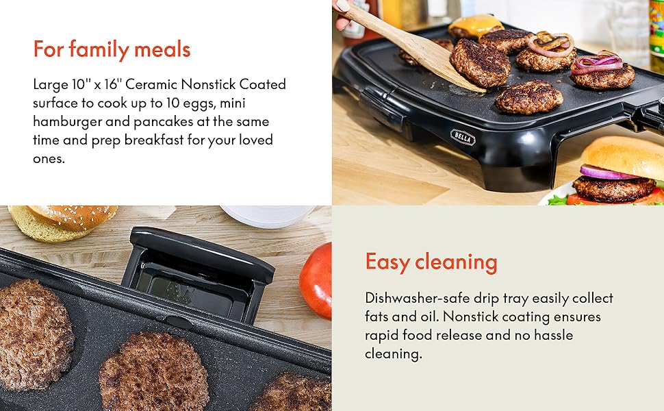 Benefit 1 Nonstick Coating and Drip Tray for Easy Cleaning + Extra Large Surface