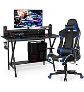 Tangkula Gaming Desk and Chair Set, Ergonomic E-Sport Gamer Desk &amp; Racing Chair Set w/Cup Holder,...