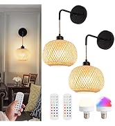 Vitnucrol Battery Operated Wall Sconce Set of Two, Bamboo Rechargeable Boho Wireless Sconces with...