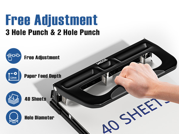 XOOL 3 Hole Punch, Heavy Duty Metal Hole Puncher for 2 or 3 Holes
