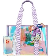 F-color Iridesent Beach Bag for Women, Beach Tote Sandproof Waterproof TPU, Holographic Pool Bag ...