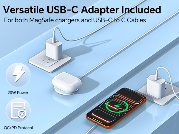 Versatile USB-C Adapter lncluded For both chargers and USB-C to C Cables