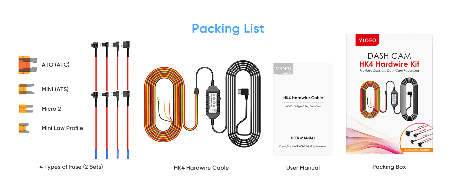 HK4 hardwire kit packing list: cable, user manual, and packaging box with product details.
