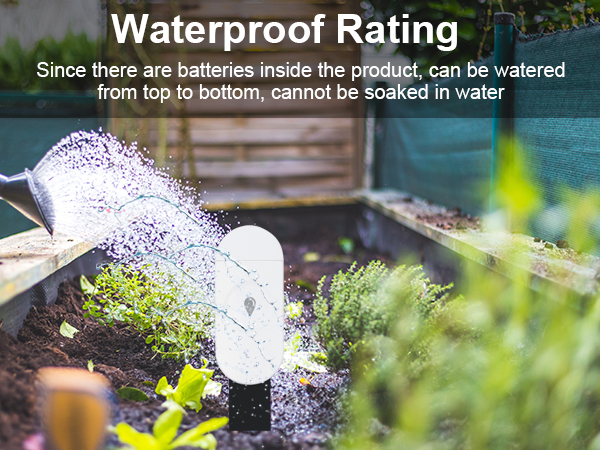 Text reads 'Waterproof Rating'. Water droplets splashing on clear surface with green foliage background, demonstrating water resistance properties.