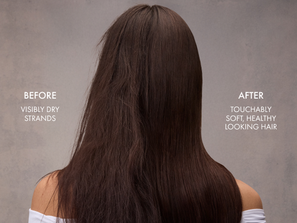 Woman shown from behind with her straight hair split to compare before and after shampoo results.