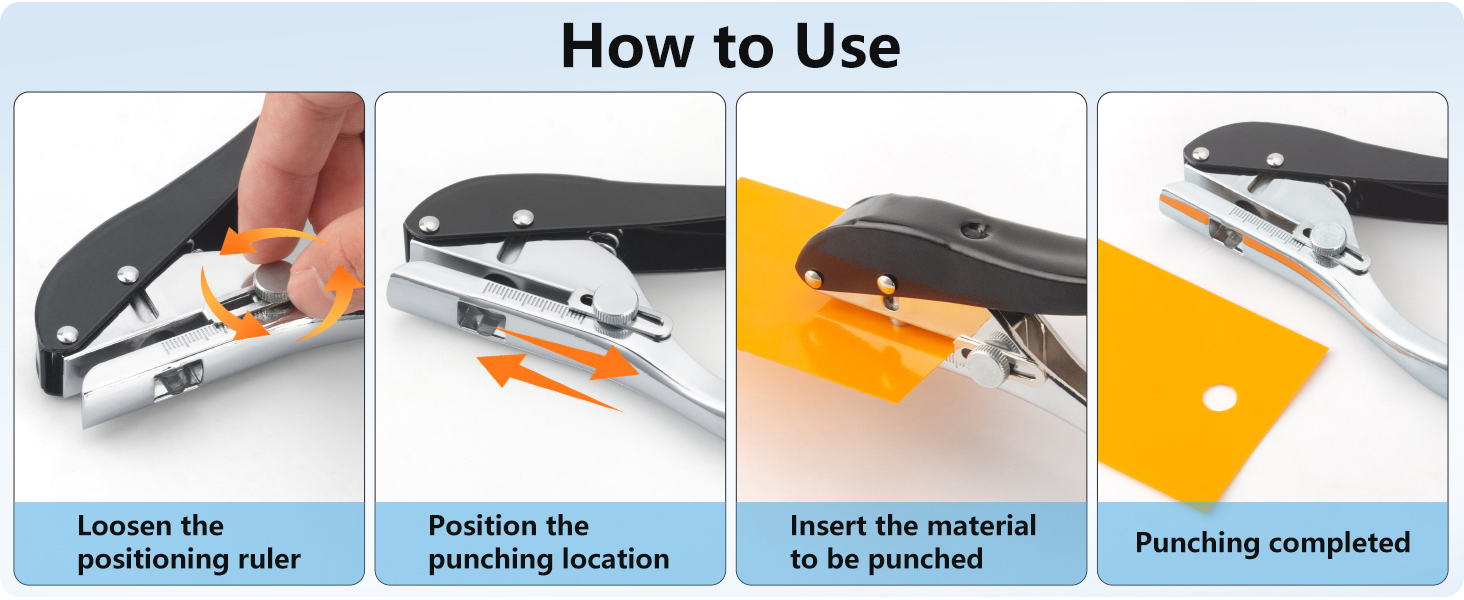 Loosen the positioning ruler,Position the punching location,Insert the material to be punched