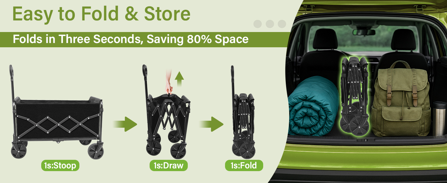 Folds in three steps (Stoop, Draw, Fold) in just 3 seconds, saving 80% storage space.