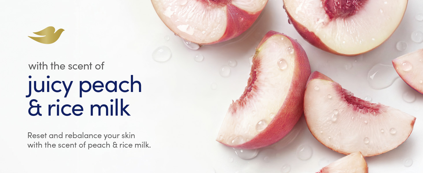 Juicy peach and rice milk fragrance message alongside peach slices covered in water droplets