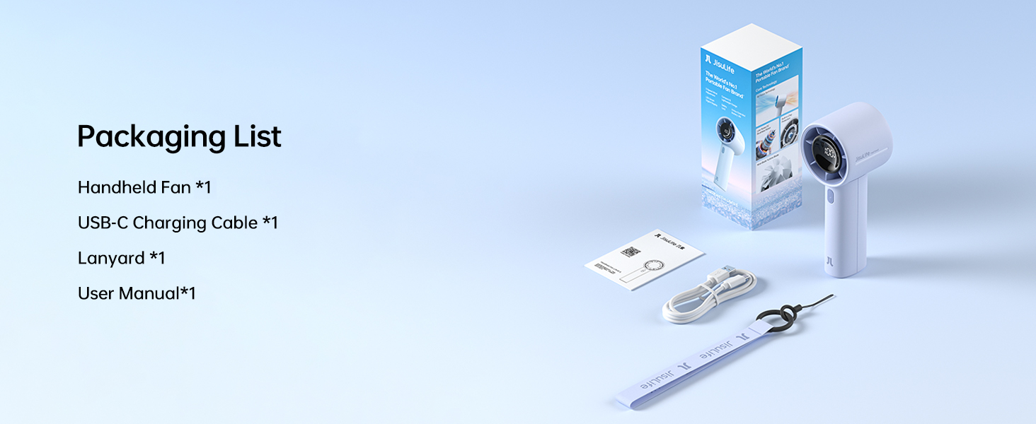 Text reads 'Packaging List'. Technical product diagram showing components including USB-C charging cable and user manual with 3D rendered illustrations.