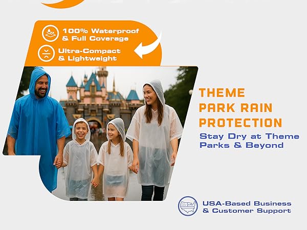 Family in rain ponchos at a theme park