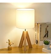 Small Beside Table Lamp, Wood Tripod Table Lamp with White Fabric Shade, Cute Boho Nightstand Min...
