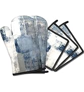 MCALK 5 Pcs Blue Oven Mitts and Pot Holders Sets, Grey Oven Gloves and Hot Pads for Kitchen Cooki...