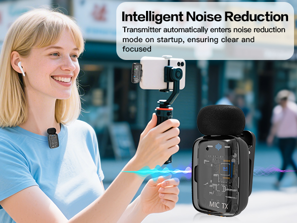 Text reads 'Intelligent Noise Reduction'. A wireless microphone transmitter device shown from a different angle demonstrating mobile recording usage.
