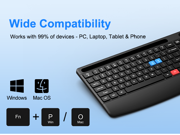 Wireless Keyboard and Mouse, Comfort Ergonomic Palm Rest Keyboard Mouse Combo Phone Holder