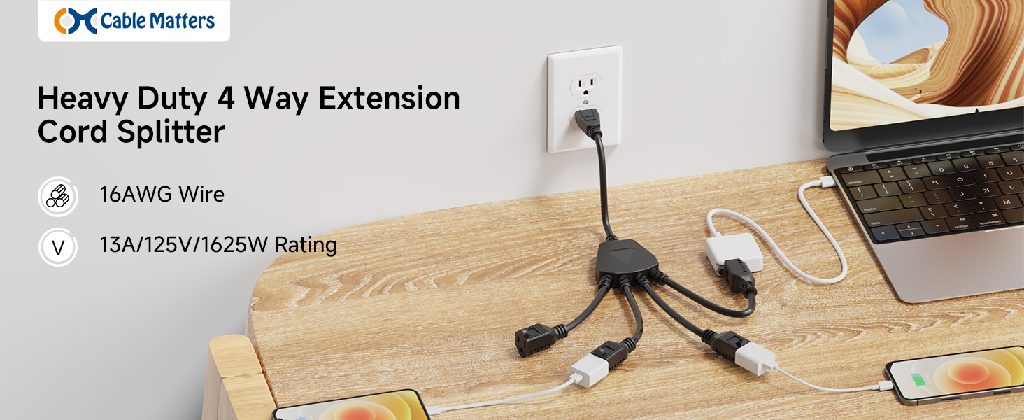 [ETL Listed] Cable Matters 2-Pack 3 Outlet Power Splitter Cord - 1.5ft, NEMA 5-15P to 3X NEMA 5-15R