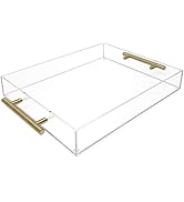 Dinceer 2Pack Clear Acrylic Serving Tray Set Decorative Rectangular Vanity Tray with Gold Handles...